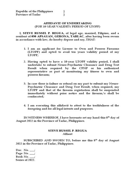 AFFIDAVIT OF UNDERTAKING (FOR 10.